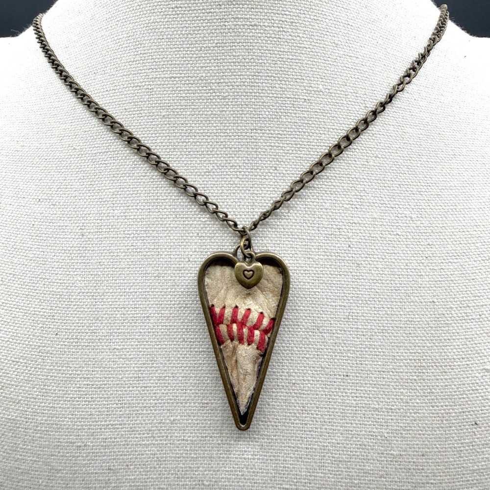 Baseball Heart Pendant Necklace Red Stitch Sports Mom Fan Gift Bronze Tone Gift
